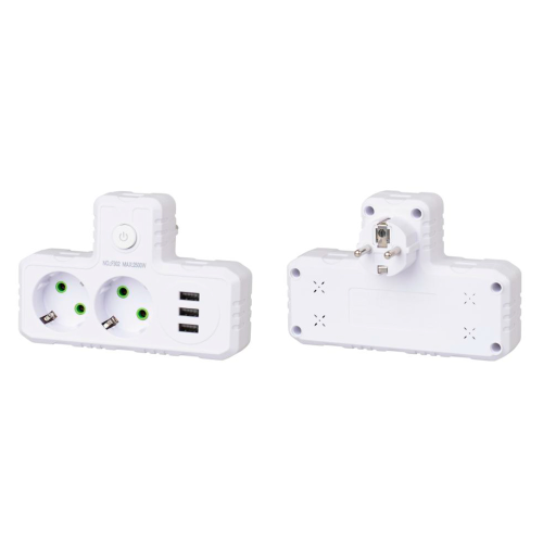 Розетка трійник Т-подібний із заземленням F302-White, 2 розетки+3USB(1А), 2500W, 10A, 110-250V~Max, Blister