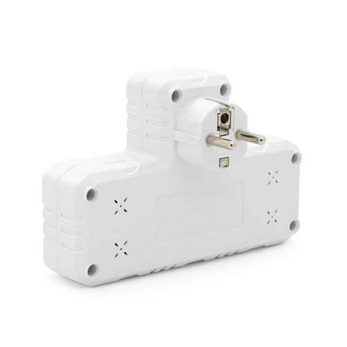 Розетка трійник Т-подібний із заземленням F302-White, 2 розетки+3USB(1А), 2500W, 10A, 110-250V~Max, Blister