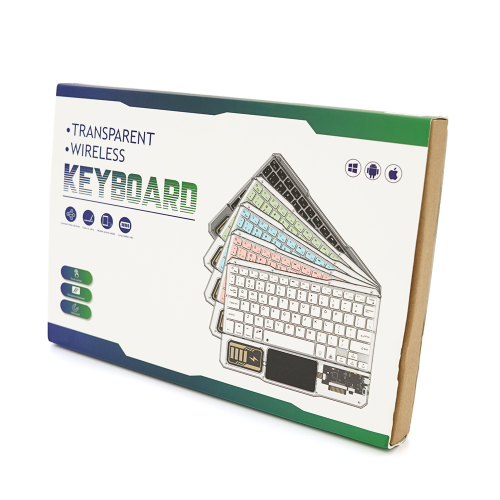 Клавіатура бездротова YT-K333, розкладна, 78 клавіш, Touchpad, (Eng / Pyc), 2.4G, вбудований акумулятор, 245x165mm, Black / Transparent, Box