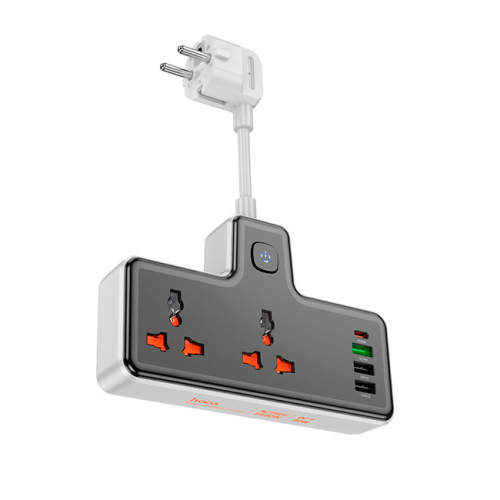 Мережевий фільтр HOCO AC12A на 2 розетки + 3 USB + USB-C, 30W, кабель 1м, 220В, Black, Box