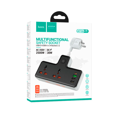 Мережевий фільтр HOCO AC12A на 2 розетки + 3 USB + USB-C, 30W, кабель 1м, 220В, Black, Box