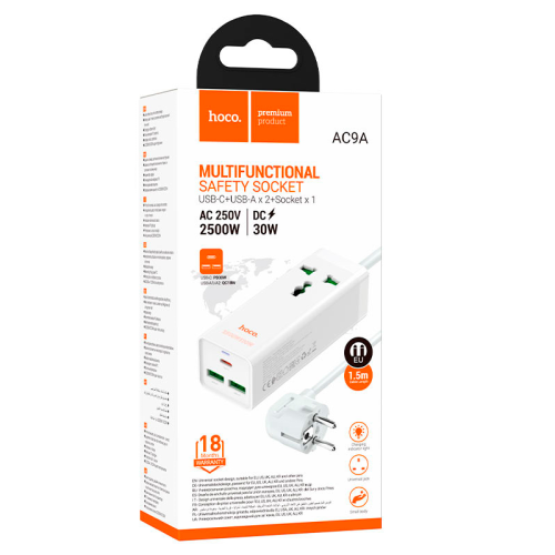 Мережевий фільтр HOCO AC9A на 1 розетку + 2 USB+USB-C, 30W, 220В, кабель 1,5м, White, Box
