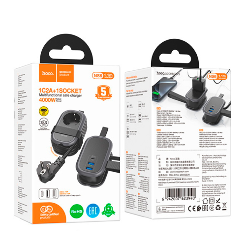 Мережевий фільтр HOCO NS6 на 1 розетку + 2 USB + USB-C, 30W, кабель 1.1м, 220В, Black, Box