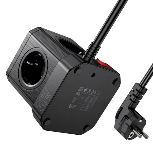 Мережевий фільтр HOCO NS8 на 5 розеток + 3 USB + USB-C, 20W, кабель 1.1м, 220В, Black, Box