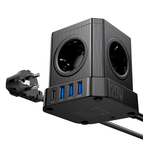 Мережевий фільтр HOCO NS8 на 5 розеток + 3 USB + USB-C, 20W, кабель 1.1м, 220В, Black, Box