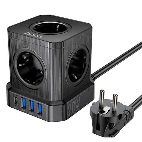 Мережевий фільтр HOCO NS8 на 5 розеток + 3 USB + USB-C, 20W, кабель 1.1м, 220В, Black, Box