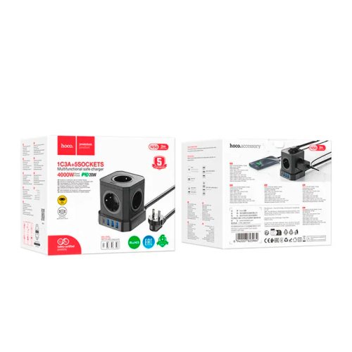 Мережевий фільтр HOCO NS8 на 5 розеток + 3 USB + USB-C, 20W, кабель 1.1м, 220В, Black, Box