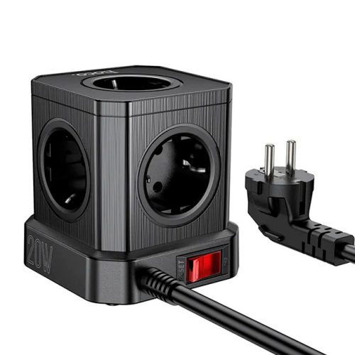 Мережевий фільтр HOCO NS8 на 5 розеток + 3 USB + USB-C, 20W, кабель 1.1м, 220В, Black, Box