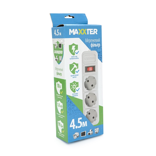 Подовжувач мережі Maxxter SP5, 220В 10А, 3 розетки, 4.5 м, Gray, Q30