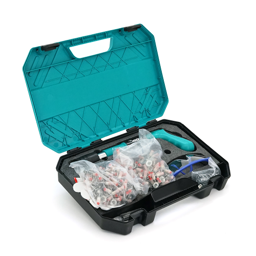 Пістолет будівельно-монтажний під цвяхи діаметром 7,3мм YT-40286 + 200 цвяхів монтажних піроксилінових діаметром 7,3мм, захисні окуляри, валіза, Green