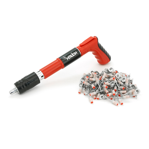 Пістолет будівельно-монтажний під цвяхи діаметром 7,3мм YT-40288 + 100 цвяхів монтажних піроксилінових діаметром 7,3мм, захисні окуляри, валіза, Red