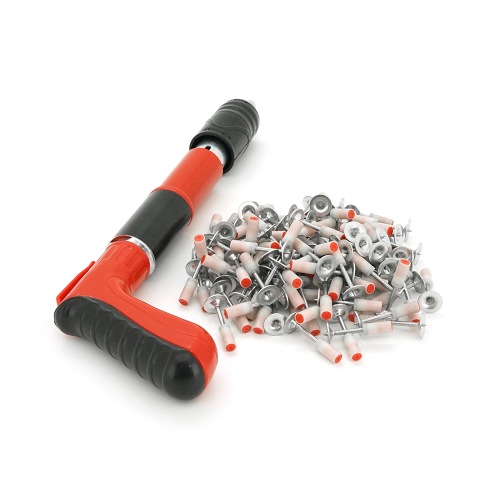 Пістолет будівельно-монтажний під цвяхи діаметром 7,3мм YT-40288 + 100 цвяхів монтажних піроксилінових діаметром 7,3мм, захисні окуляри, валіза, Red