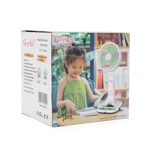 Портативний настільний вентилятор KC-7900A, R*160мм, 2 режими, ліхтар, живлення від акумулятора 18650 (в комплекті тільки 1шт), USB кабель, Box