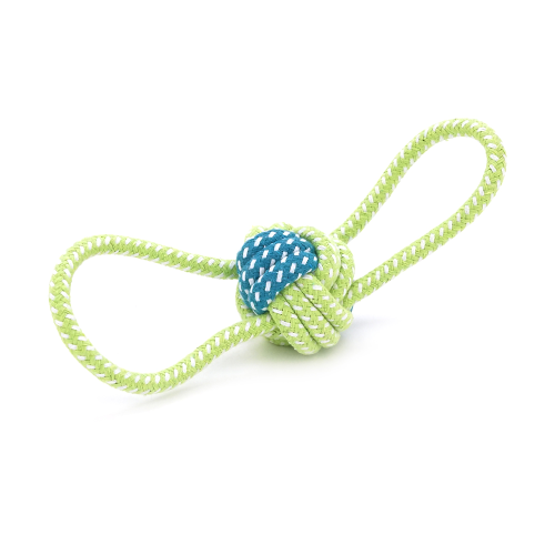 Іграшка для собак мотузка-апорт із вузлами. Форма кулі із двома петлями. Розмір 6х16 см. Колір зелено-синій.