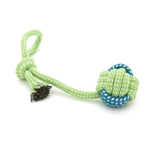 Іграшка для собак мотузка-апорт із вузлами. Форма кулі з петлею-вузлом. Розмір 6х14 см. Колір зелено-синій.