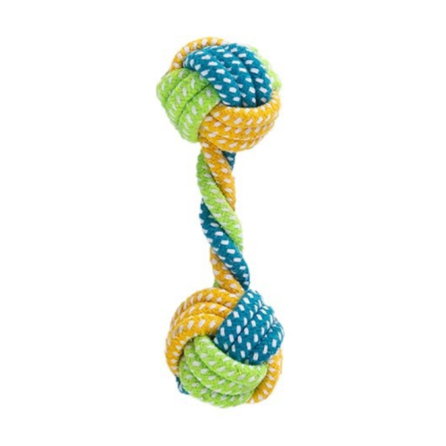 Іграшка для собак мотузка-апорт із вузлами. Форма гантелі. Розмір 6х18 см. Колір зелено-синій.