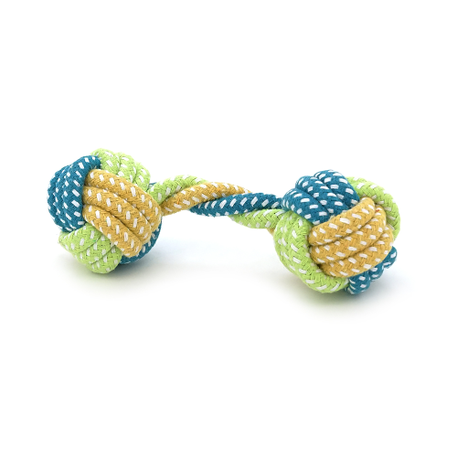 Іграшка для собак мотузка-апорт із вузлами. Форма гантелі. Розмір 6х18 см. Колір зелено-синій.