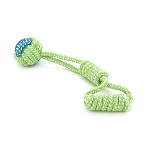 Іграшка для собак мотузка-апорт із вузлами. Форма куля з ручкою-петлею. Розмір 6х27 см. Колір зелено-синій.