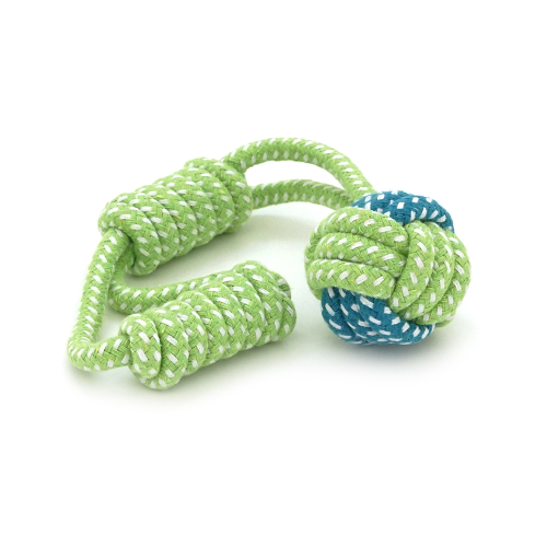 Іграшка для собак мотузка-апорт із вузлами. Форма куля з ручкою-петлею. Розмір 6х27 см. Колір зелено-синій.