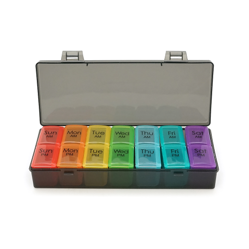 Таблетниця на 7 / 14 знімних осередків (різних кольорів), розділені день тижня / час доби, пластик, 19.3*7.4*3.6см, комірки 6.8*3.1*2.6см