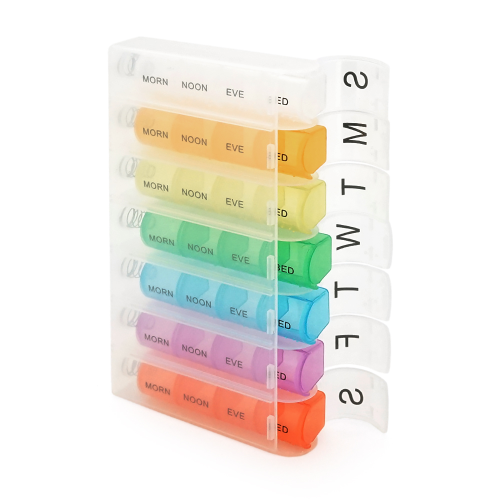 Таблетниця на 7 / 28 знімних осередків(різних кольорів), прямі, розділені день тижня / час доби, пластик, 19.7*11*3.8см
