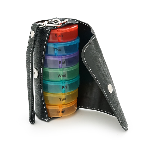 Таблетниця переносна на 7 / 14 знімних осередків (різних кольорів), круглі розділені день тижня / час доби, пластик / PV-шкіра, 19.3*7.4*3.6см