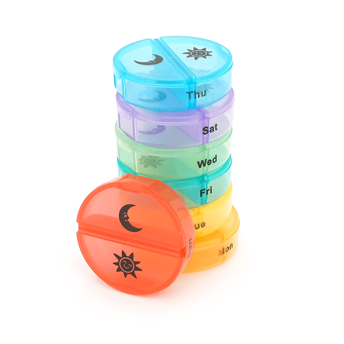 Таблетниця переносна на 7 / 14 знімних осередків (різних кольорів), круглі розділені день тижня / час доби, пластик / PV-шкіра, 19.3*7.4*3.6см