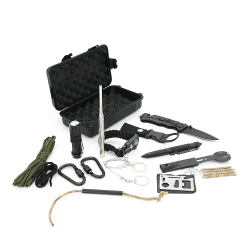 Туристичний бокс з набором для виживання, 18 предметів, (ніж, карабіни, ліхтарик, фітіль, мотузка та ін.), пластик, 20*11.7*6.9см