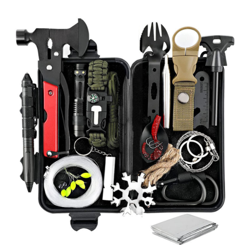 Туристичний бокс з набором для виживання, 19 предметів, (сокирка, карабіни, ліхтарик, ґнот, мотузка, ліска та ін,), пластик, 20*12*6см