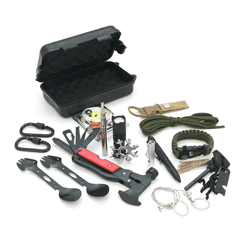 Туристичний бокс з набором для виживання, 19 предметів, (сокирка, карабіни, ліхтарик, ґнот, мотузка, ліска та ін,), пластик, 20*12*6см