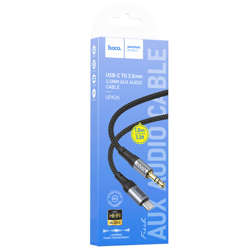 Кабель HOCO UPA26 DC3.5 (тато) =&amp;gt; Type-C (тато), круглий в обплетенні, 1м, Black, Box