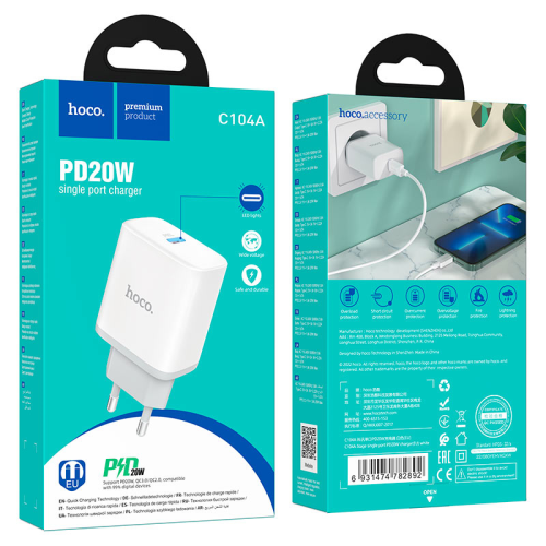 СЗУ 110-240V HOCO C104A, USB-C, PD20W, White, Box