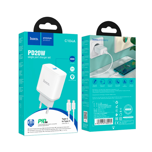 Набір СЗУ 110-240V HOCO C104A + кабель Type-C, 1xUSB-C, PD20W, 1м кабель, White, Box