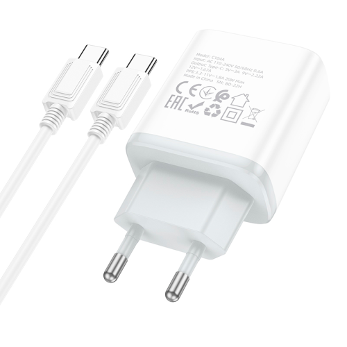 Набір СЗУ 110-240V HOCO C104A + кабель Type-C, 1xUSB-C, PD20W, 1м кабель, White, Box