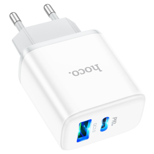 Набір СЗУ 110-240V HOCO C105A + кабель Type-C, порти: USB-C+USB, PD20W+QC3.0, кабель 1м, White, Box