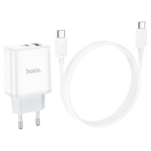 Набір СЗУ 110-240V HOCO C105A + кабель Type-C, порти: USB-C+USB, PD20W+QC3.0, кабель 1м, White, Box
