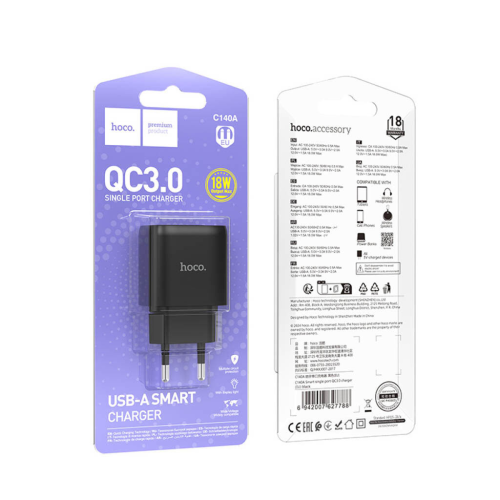 СЗУ 110-240V HOCO C140A 1xUSB, 18W, Black, Blister