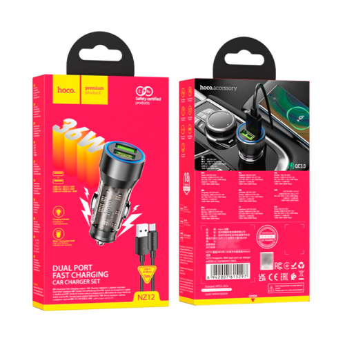 Набір АЗУ 12-24V HOCO NZ12 + кабель Micro, 2xUSB, 36W, кабель 1м, Black, Box