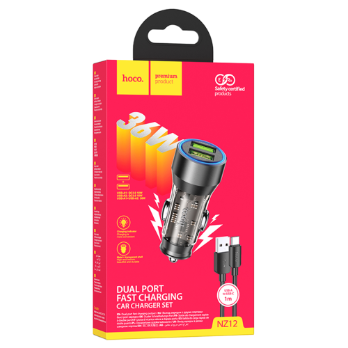Набір АЗУ 12-24V HOCO NZ12+ кабель Type-C, 2xUSB, 36W, кабель 1м, Black, Box