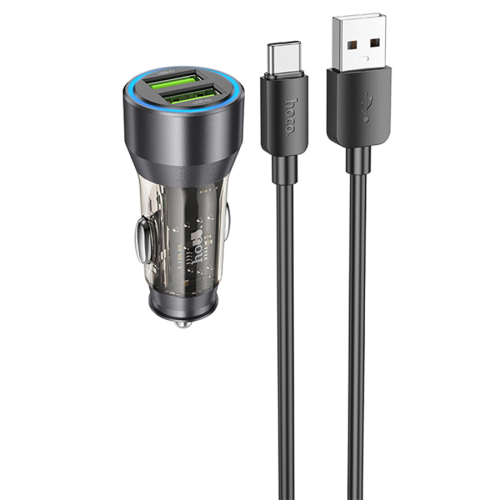 Набір АЗУ 12-24V HOCO NZ12+ кабель Type-C, 2xUSB, 36W, кабель 1м, Black, Box