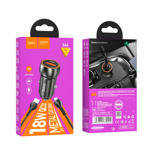 Набір АЗУ 12-24V HOCO Z46 + кабель MicroUSB, 1xUSB, 18W, кабель 1м, Black, Box