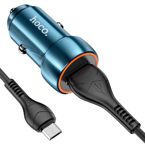 Набір АЗУ 12-24V HOCO Z46 + кабель MicroUSB, 1xUSB, 18W, кабель 1м, Blue, Box