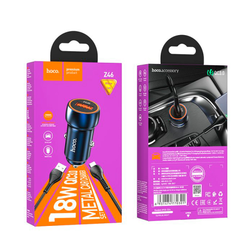 Набір АЗУ 12-24V HOCO Z46 + кабель MicroUSB, 1xUSB, 18W, кабель 1м, Blue, Box
