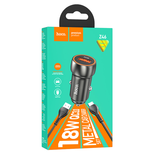 Набір АЗУ 12-24V HOCO Z46 + кабель Type-C, 1xUSB, 18W, кабель 1м, Black, Box