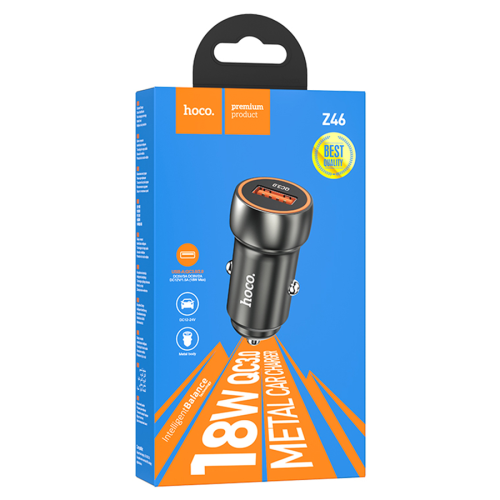 Набір АЗУ 12-24V HOCO Z46 + кабель Type-C, 1xUSB, 18W, кабель 1м, Black, Box