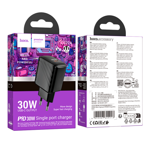 СЗУ 110-240V HOCO CS22A USB-C, 30W, Black, Box