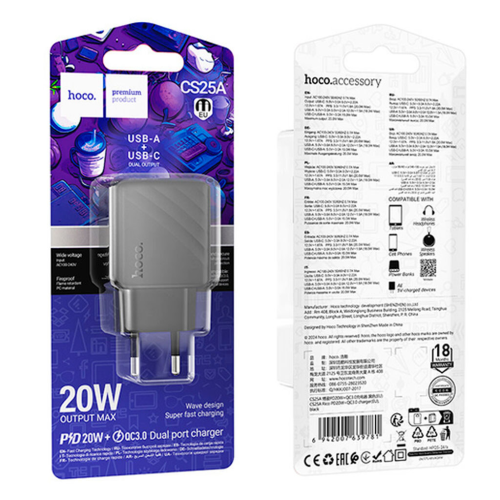 СЗУ 110-240V HOCO CS25A USB-C+USB, 20W, Black, Blister