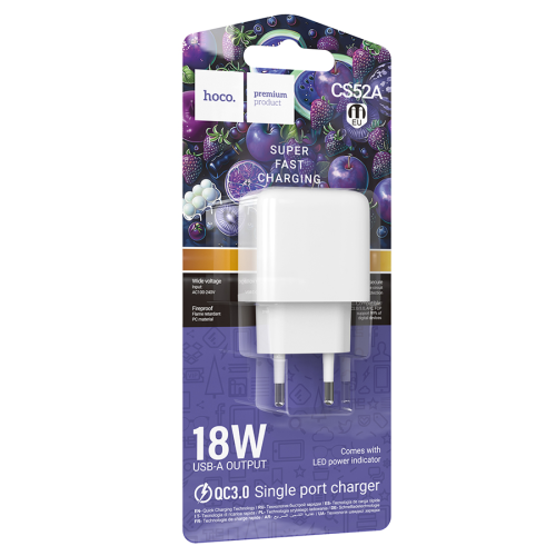 СЗУ 110-240V HOCO CS52A 1xUSB, 18W, White, Blister