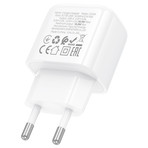 СЗУ 110-240V HOCO CS52A 1xUSB, 18W, White, Blister