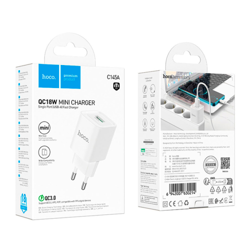 СЗУ 110-240V HOCO C145A 1xUSB, 18W, White, Blister